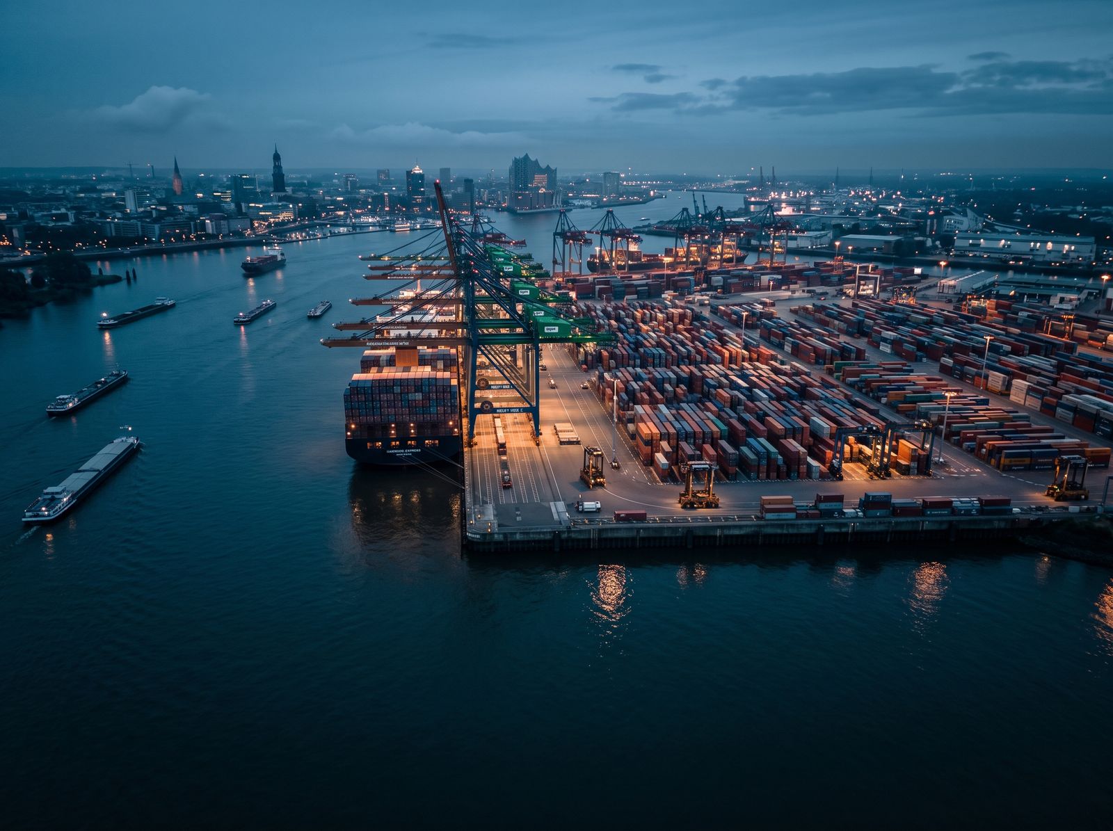 Aerial view of the Port of Hamburg at dusk