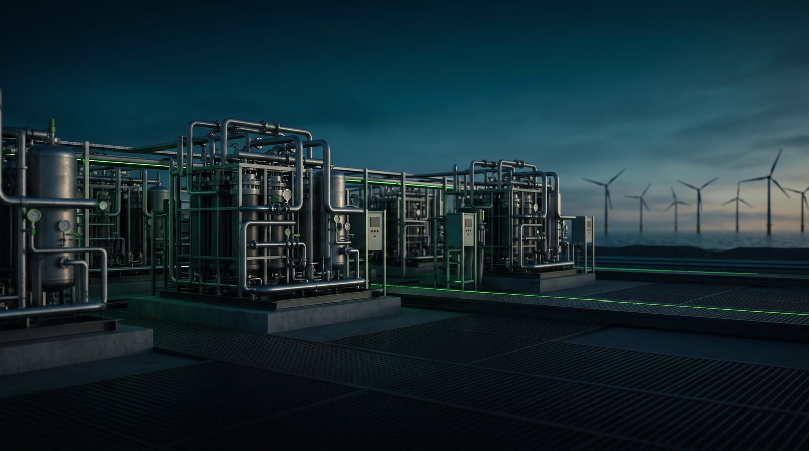 Electrolysis plant with piping, wind turbines in the background