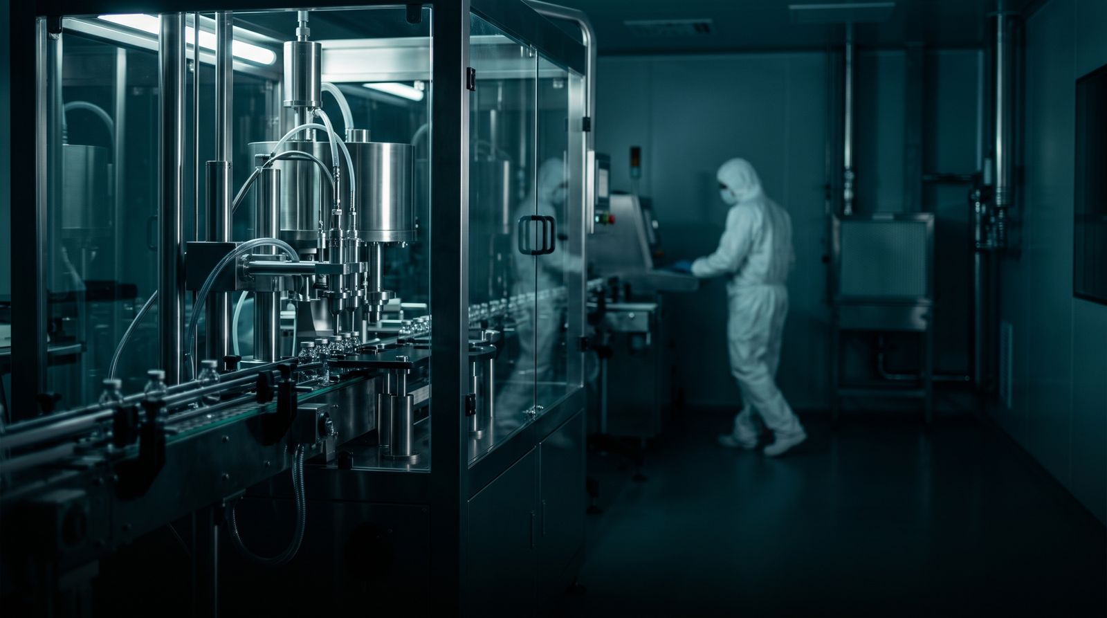 Cleanroom with filling line and operator in protective clothing