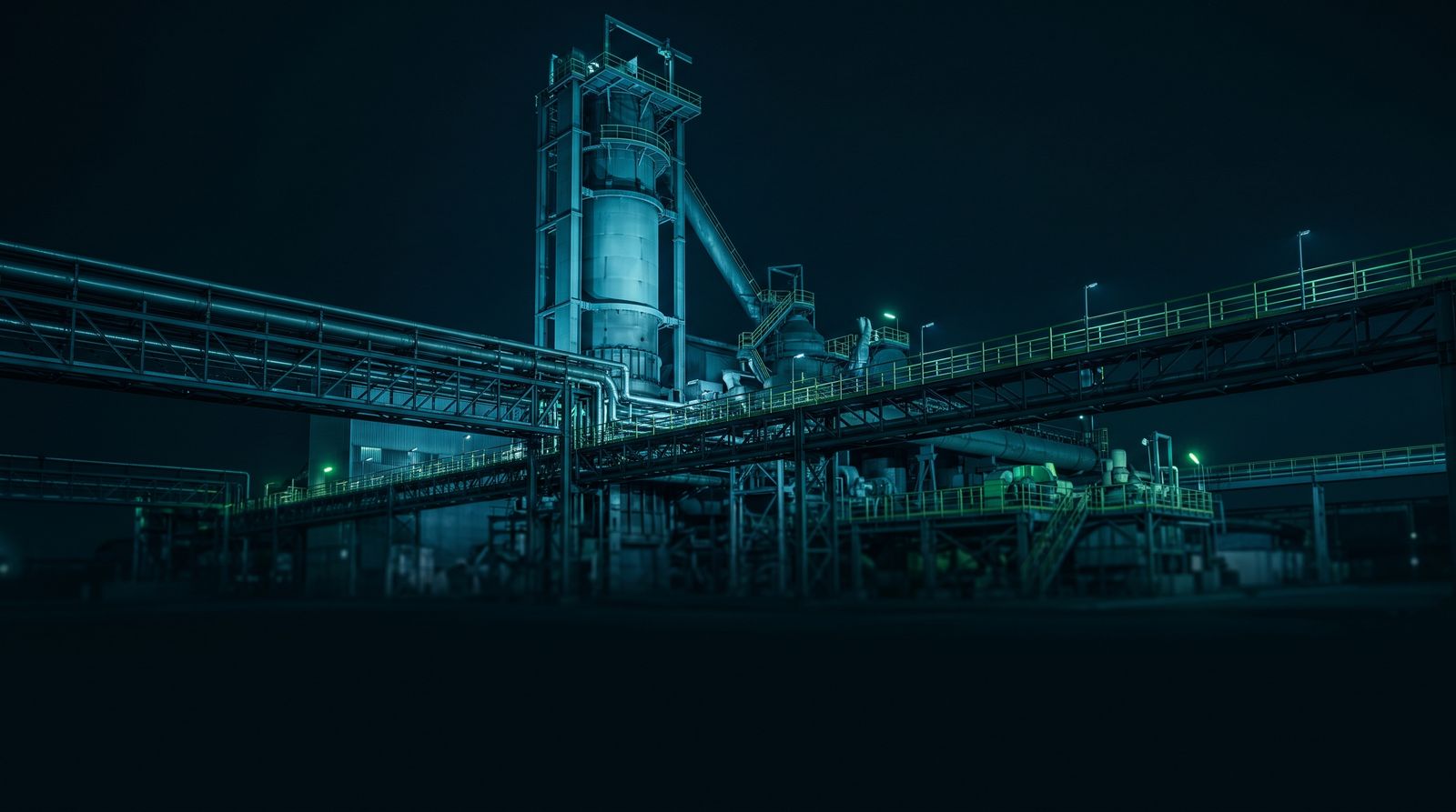 Industrial plant with blast furnace and conveyor bridges at night