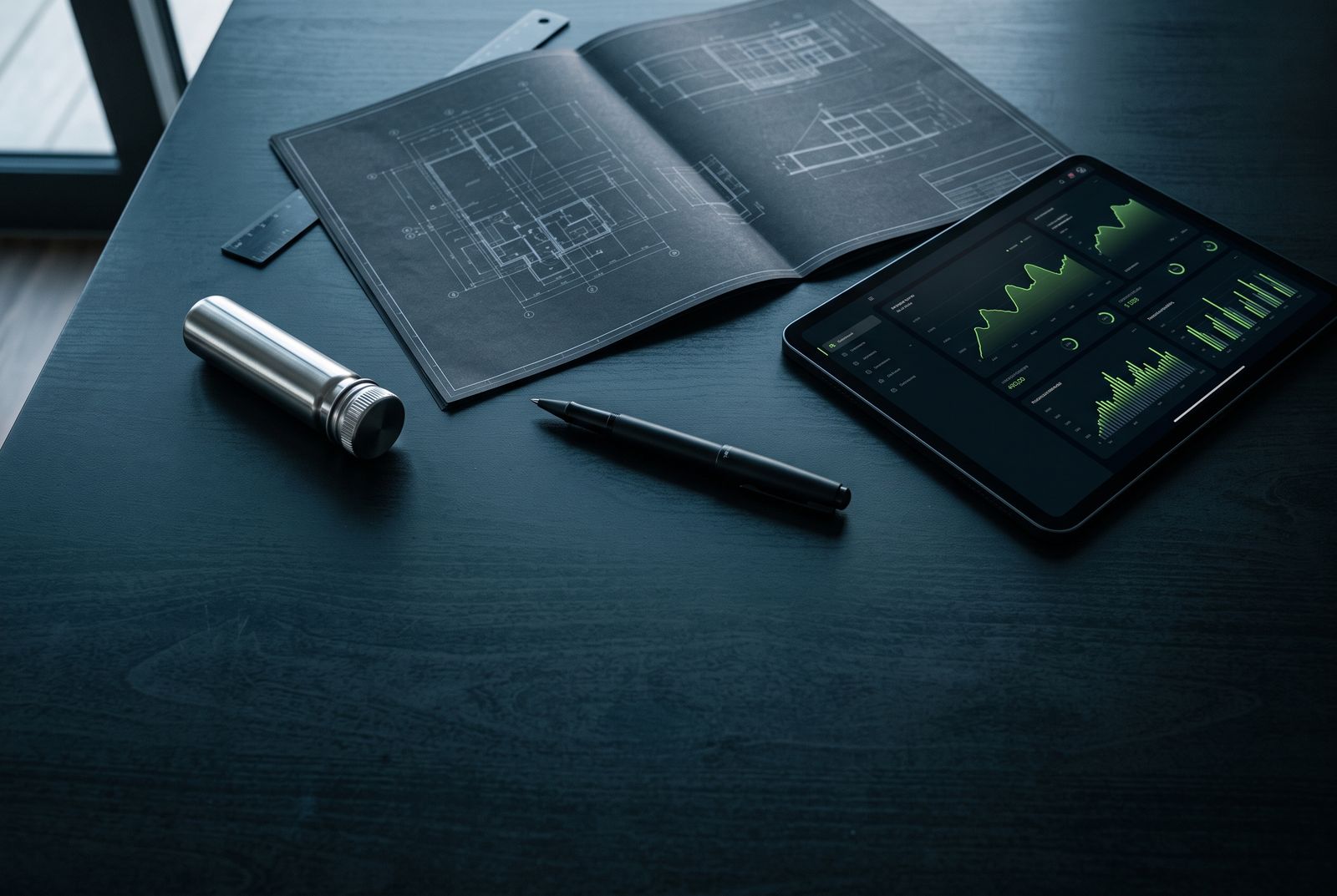 Tablet with sustainability data next to technical documents