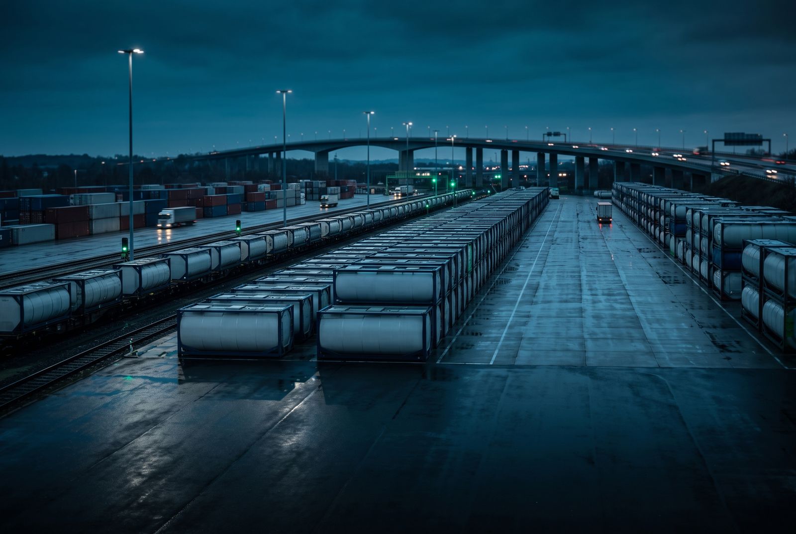 Rows of ISO tank containers at a terminal at dusk