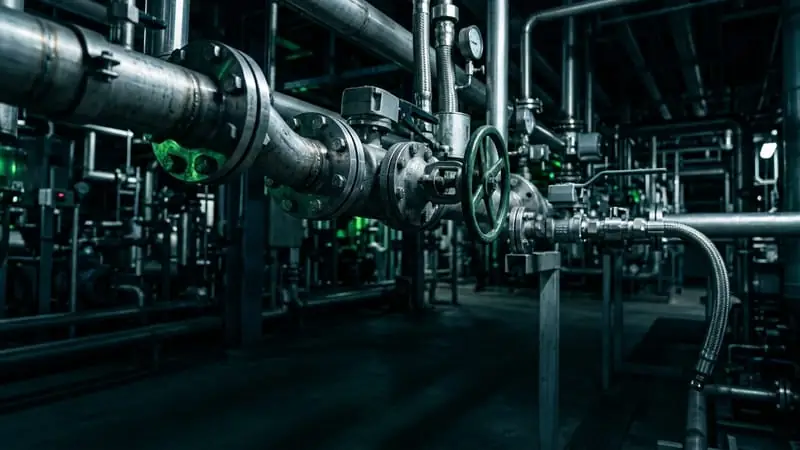 Edelstahl-Prozessleitungen mit Ventilen in einer Chemieanlage