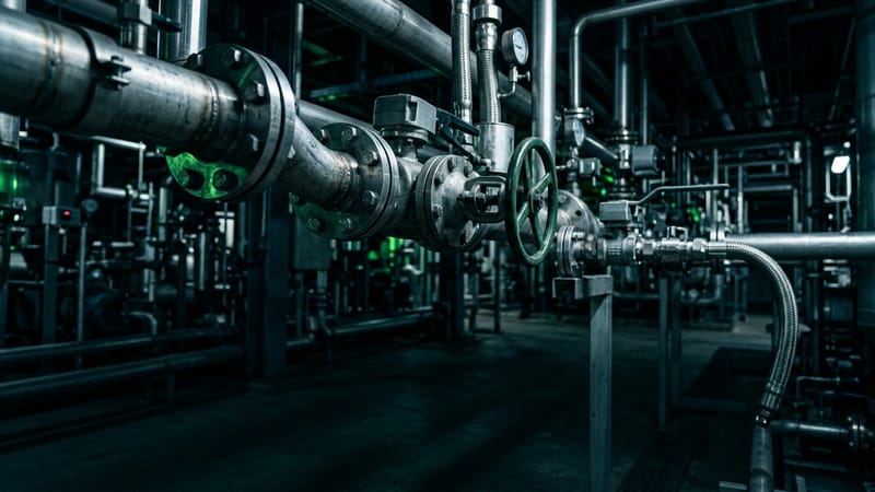 Edelstahl-Prozessleitungen mit Ventilen in einer Chemieanlage