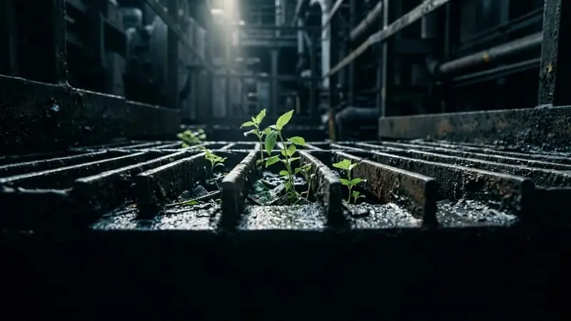 Junge Pflanzentriebe wachsen zwischen industriellem Stahlgitter