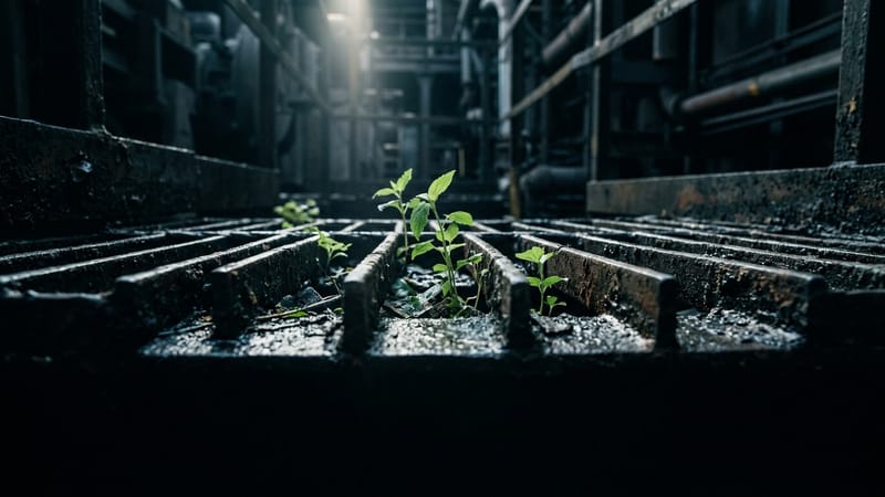 Junge Pflanzentriebe wachsen zwischen industriellem Stahlgitter
