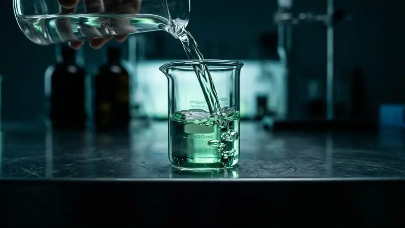 Klare Industrieflüssigkeit wird in ein Laborglas gegossen