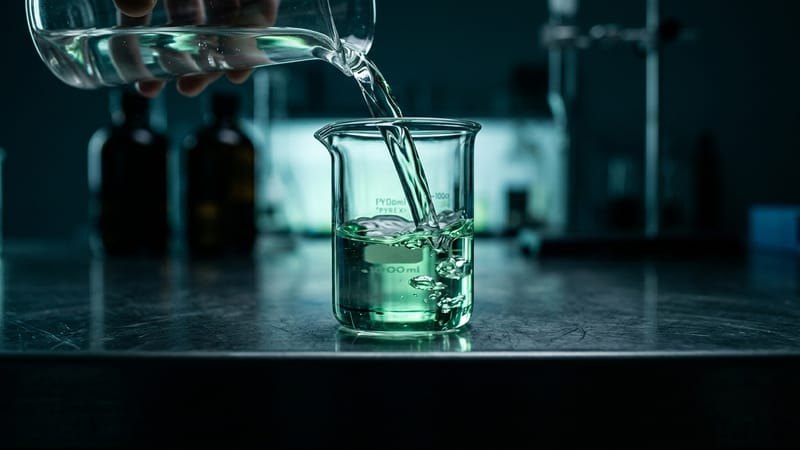 Klare Industrieflüssigkeit wird in ein Laborglas gegossen